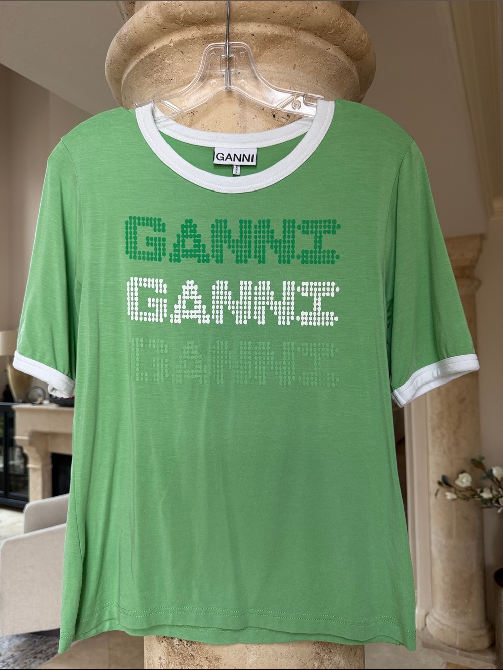 Ganni Green Logo Ringer Tee with White Trim
